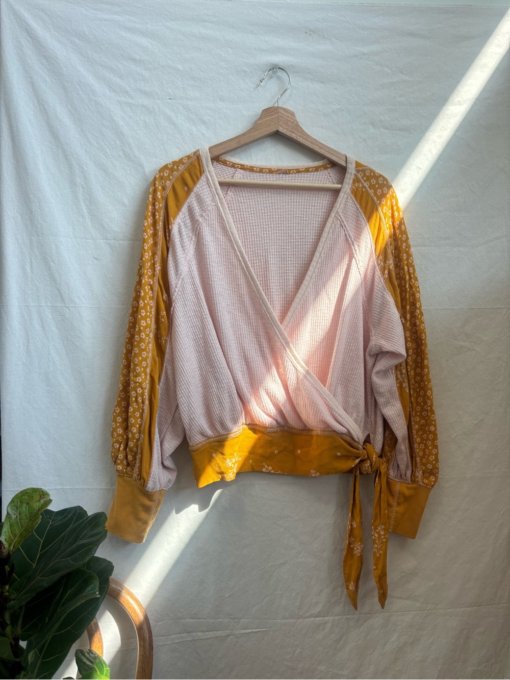 Free People Waffle Knit Wrap Top with Floral Sleeves - Women